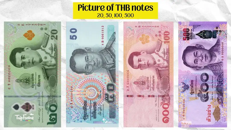 Picture of 20, 50, 100 & 500 (BHT) Thai notes, presented to give an idea to the visitors travelling to Thailand.