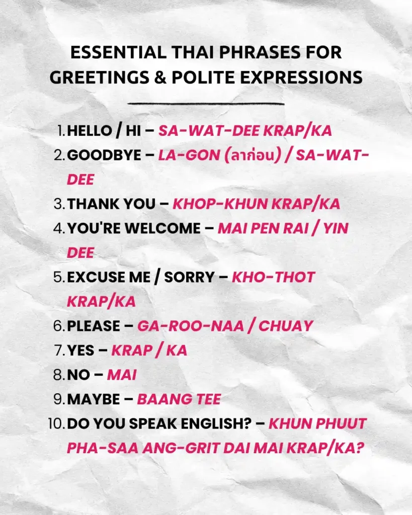 This infographics presents 10 Thai Phrases for Greetings & Polite Expressions